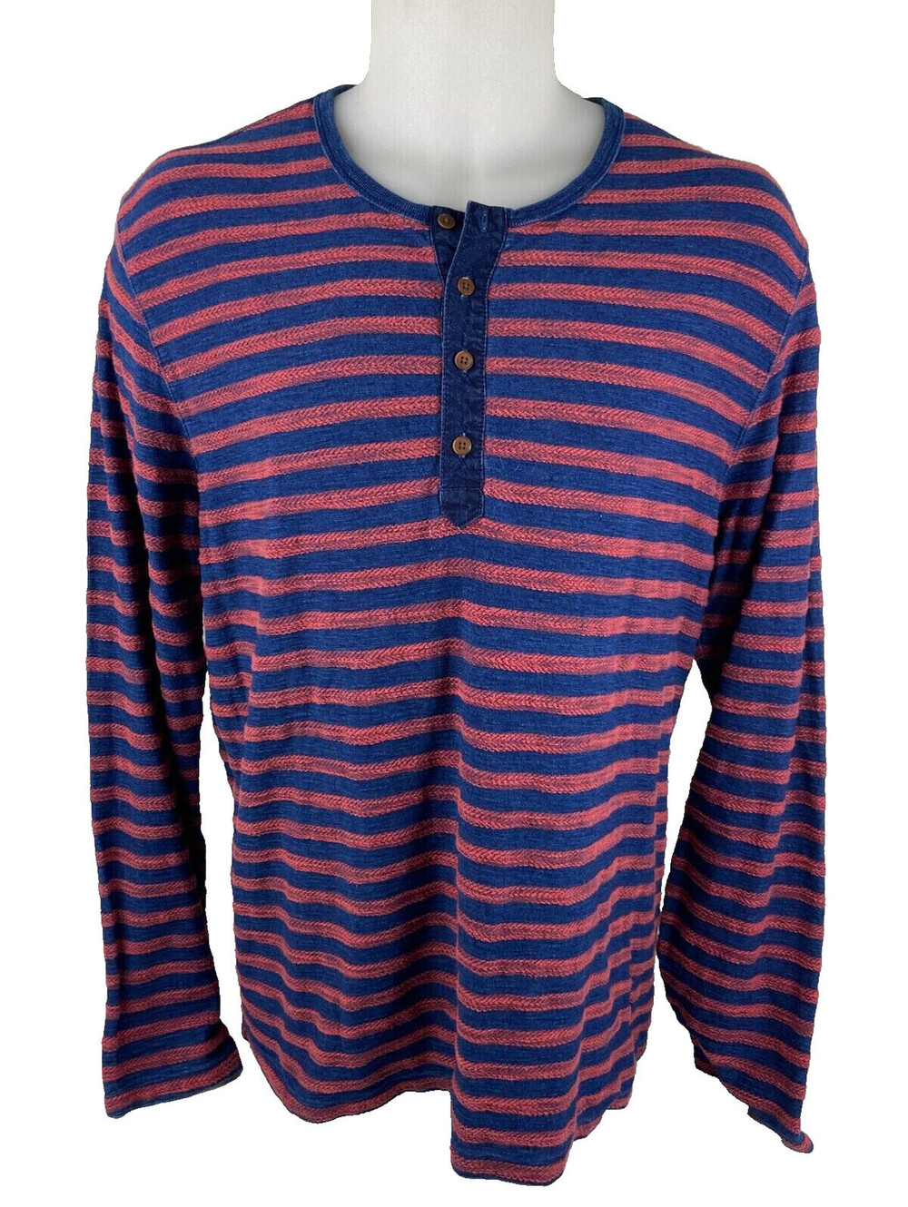 Lucky Brand Men XL Henley Long Sleeve Shirt Red Blue Ribbed Pullover Casual
